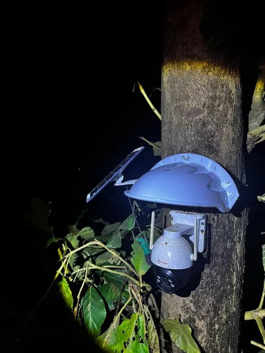 Solar PTZ camera commissioned after dark on an estate boundary